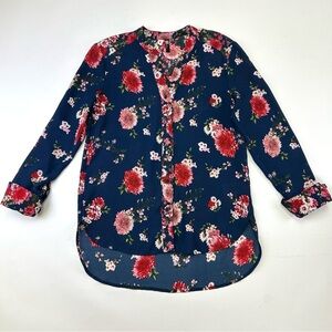 Kut from the Kloth navy red floral button down blouse Size XS Vneck French cuff